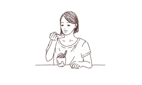 パフェを食べてる女性の線画イラスト