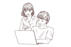 パソコンを見るカップル 線画イラスト
