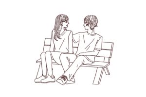 ベンチに座る仲良しカップルのイラスト，フリーイラスト,フリー素材,線画イラスト