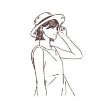 麦わら帽子の女性のイラスト，フリーイラスト,フリー素材,線画イラスト